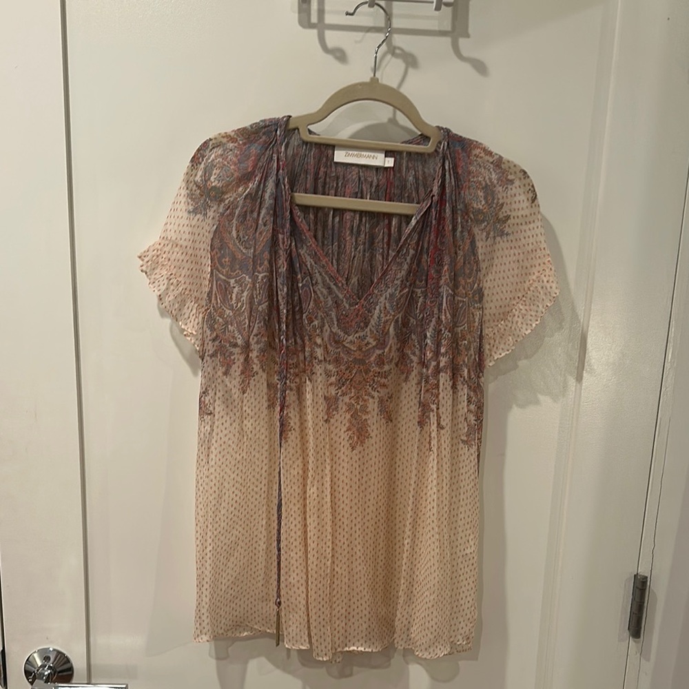 Zimmermann Pink and Brown Asymmetrical Flutter Sleeve Blouse
